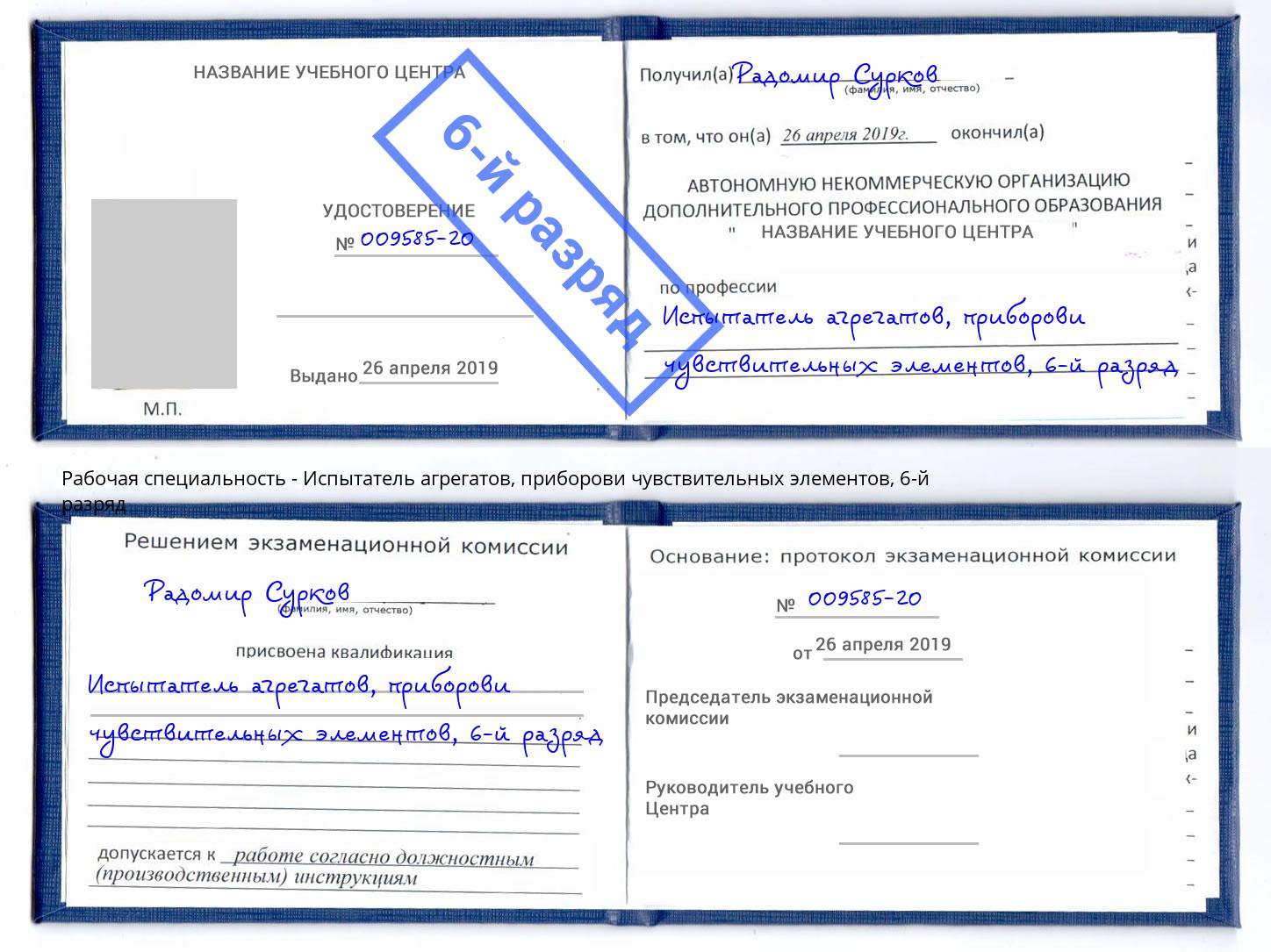корочка 6-й разряд Испытатель агрегатов, приборови чувствительных элементов Пермь
