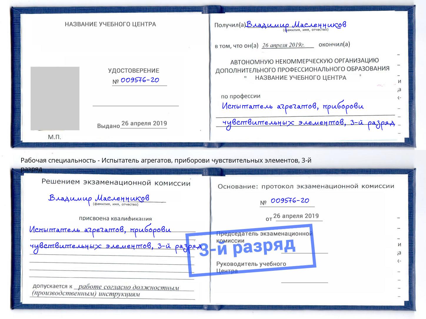 корочка 3-й разряд Испытатель агрегатов, приборови чувствительных элементов Пермь