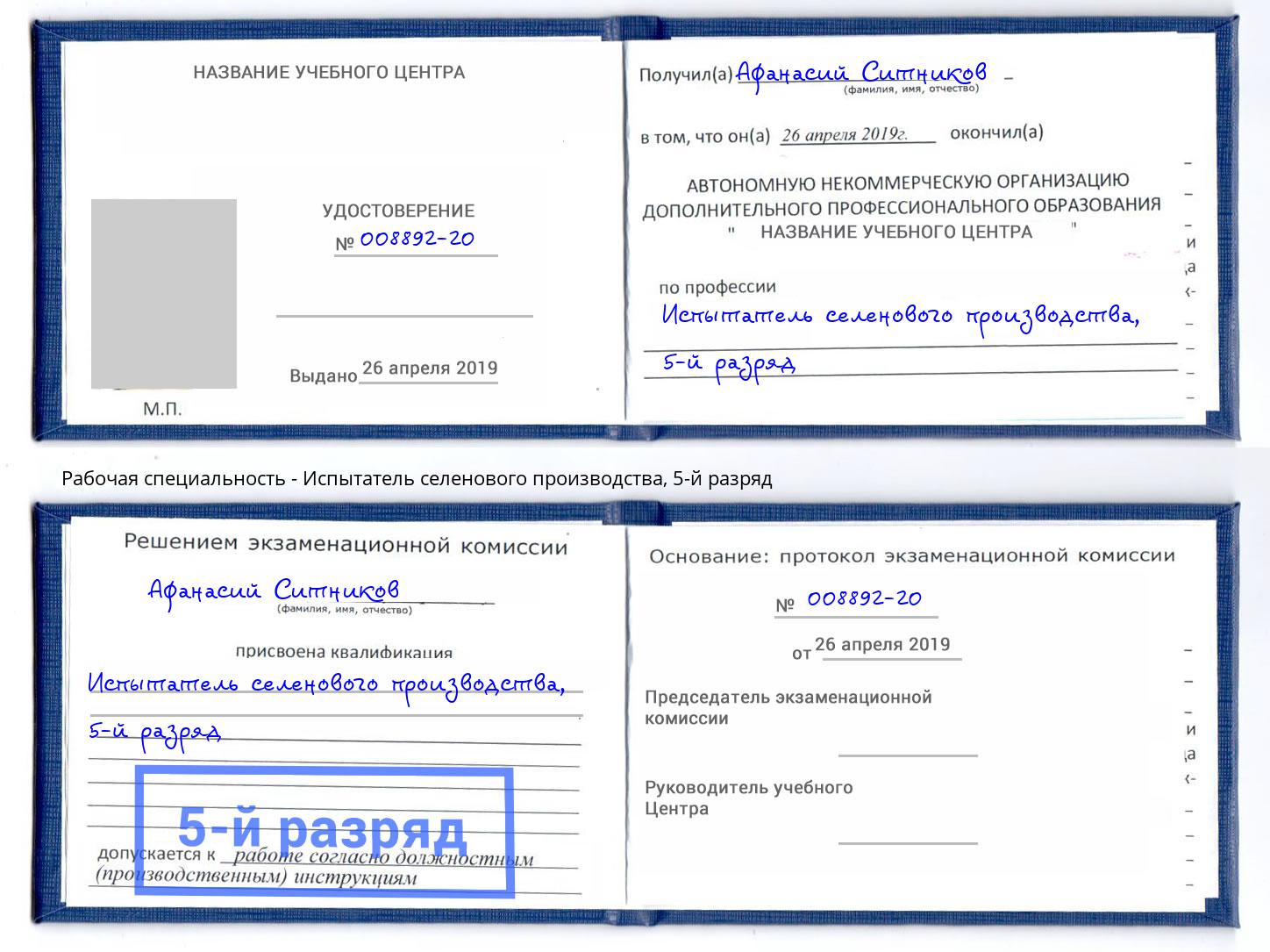 корочка 5-й разряд Испытатель селенового производства Пермь