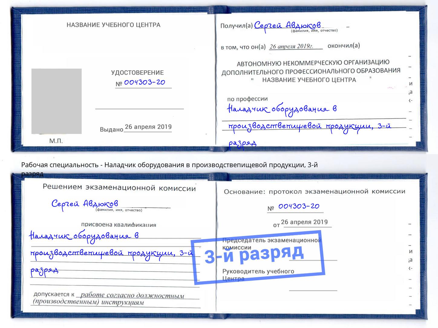 корочка 3-й разряд Наладчик оборудования в производствепищевой продукции Пермь