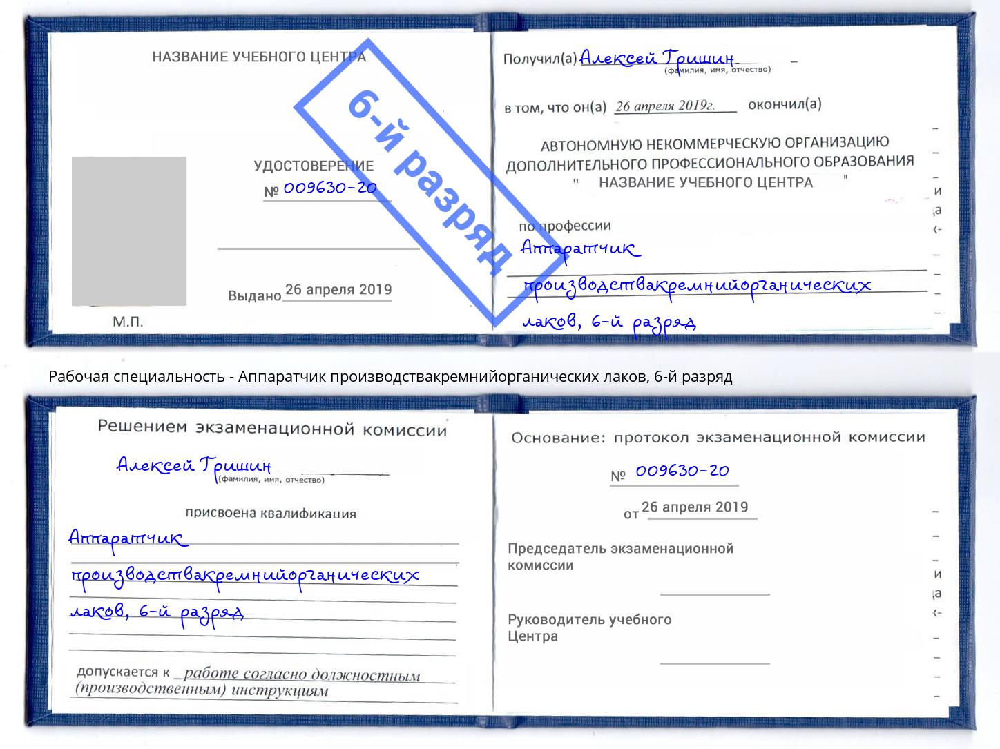 корочка 6-й разряд Аппаратчик производствакремнийорганических лаков Пермь