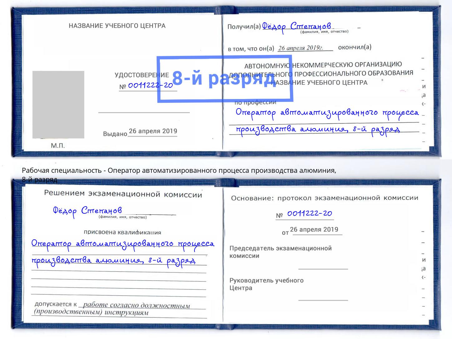 корочка 8-й разряд Оператор автоматизированного процесса производства алюминия Пермь