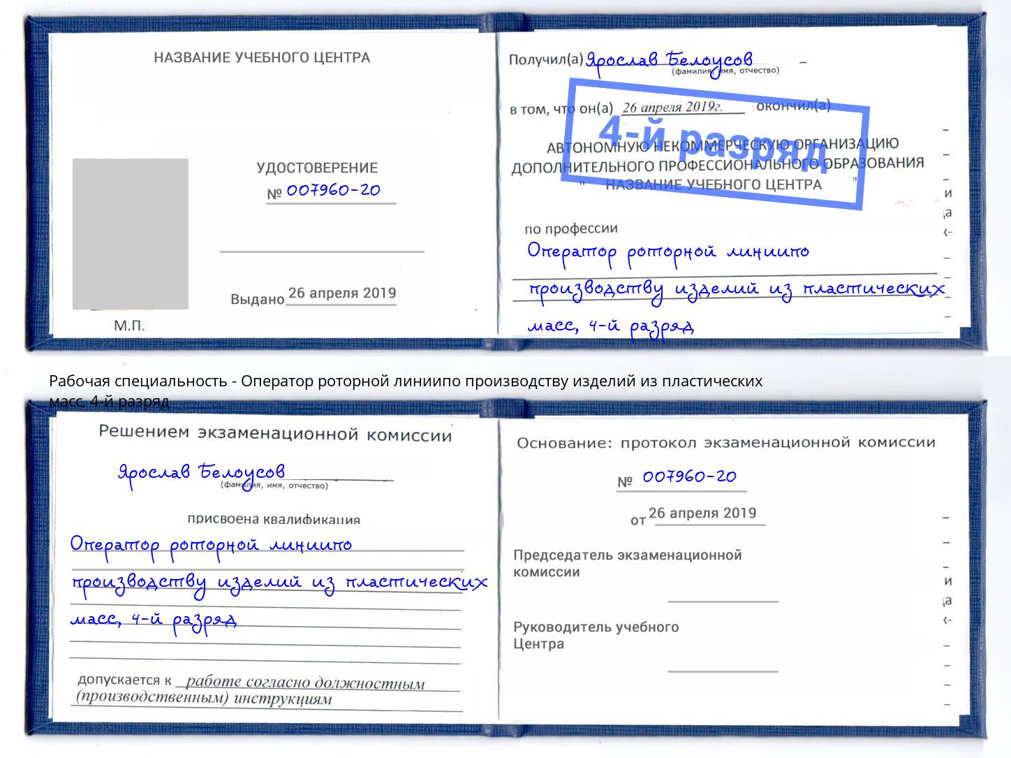 корочка 4-й разряд Оператор роторной линиипо производству изделий из пластических масс Пермь