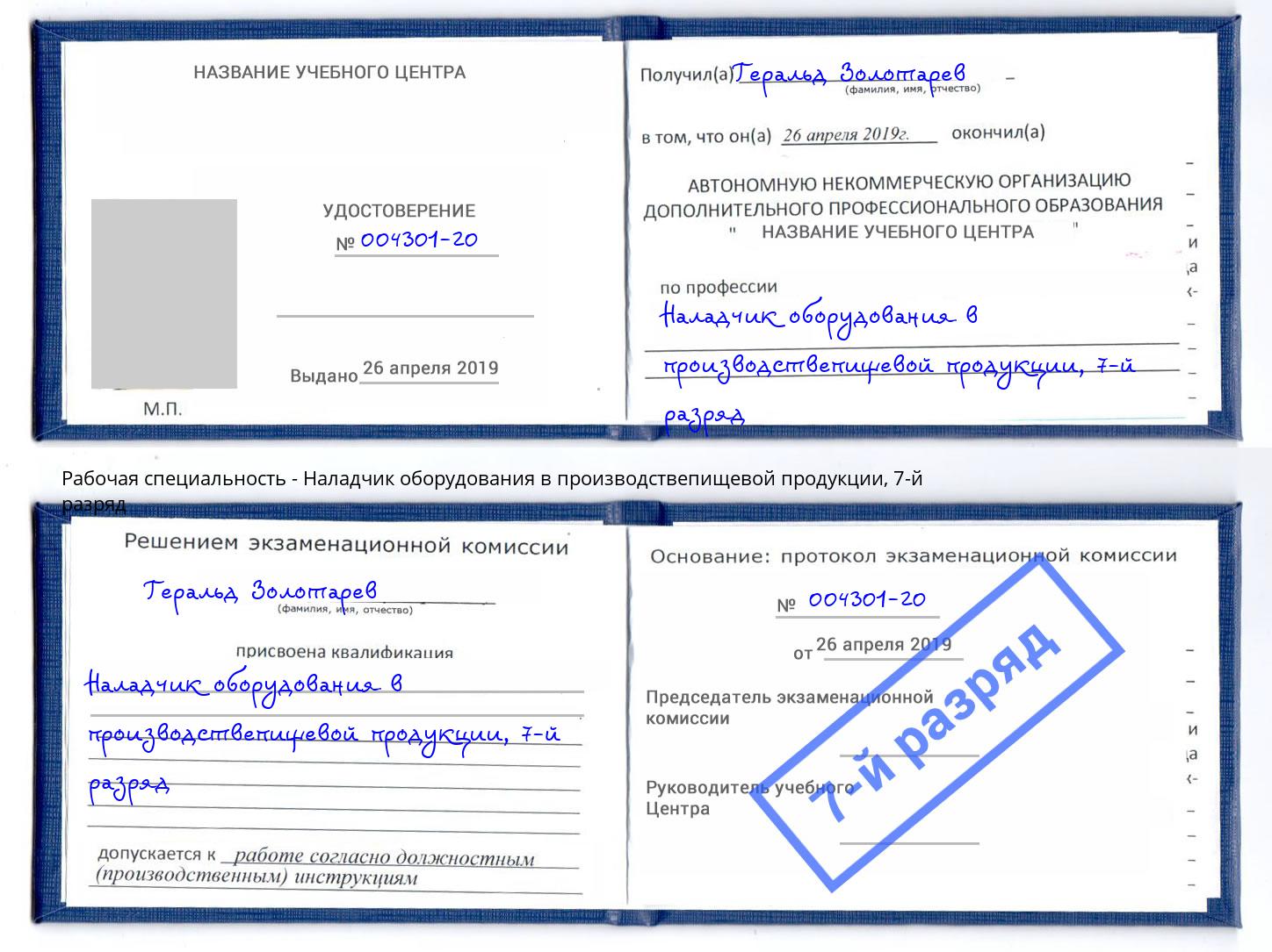 корочка 7-й разряд Наладчик оборудования в производствепищевой продукции Пермь