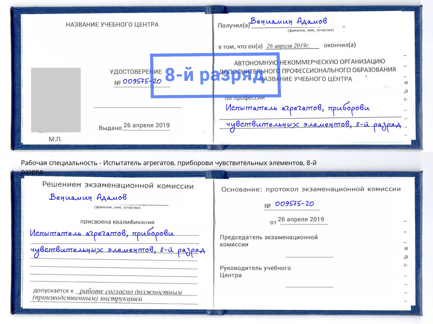 корочка 8-й разряд Испытатель агрегатов, приборови чувствительных элементов Пермь